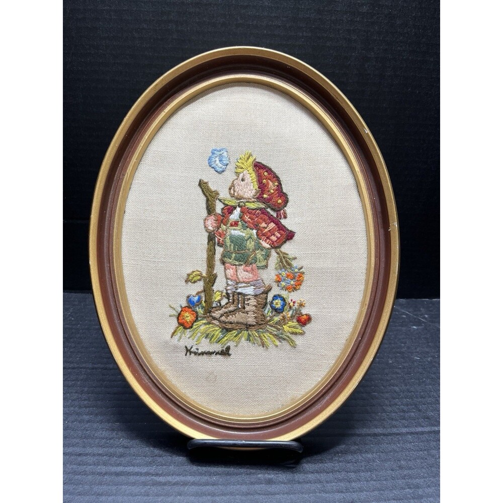 Vintage Hummel Embroidery Needlepoint Framed Hiking Little Boy w/ Flowers READ
